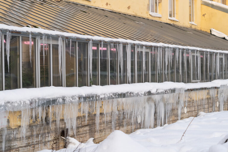 Big icicles hanging from roof on glasshouse. Snow melting during early spring and frozen at night. Problem of poor thermal insulation of old greenhouse building. Winter ice on house and snow break
